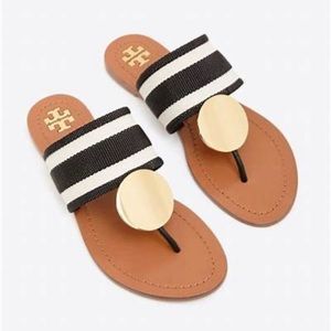 Tory Burch Patos Disk Sandal Webbing/Calf Leather Black & White Stripe (Size 7)